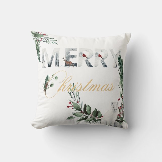 Beautiful Holiday Merry Christmas Snowy White Fox Cushion (Front)