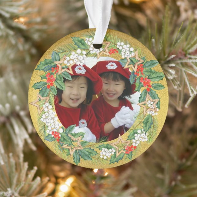 Beautiful Holiday Wreath on Gold Foil Photo  Ornament (Tree)