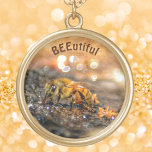 Beautiful Honey Bee photography Gold Plated Necklace<br><div class="desc">Macro photography of a BEEutiful Honey Bee sipping from sparkling sunlit water.  Bee delighted with this beautiful and elegant pendant necklace. Personalise with the Name of a beekeeper.  The world needs more bees.

This image is original nature photography by JLW_PHOTOGRAPHY.</div>