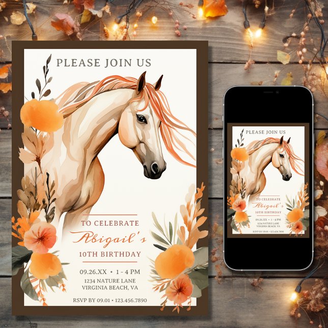 Beautiful Horse and Autumn Flowers Fall Birthday Invitation (Printed and Digital - Beautiful Horse and Autumn Flowers Fall Birthday Invitation)
