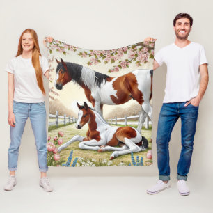Beautiful Horse and Foal in a Blooming Orchard Fleece Blanket