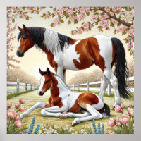 Beautiful Horse and Foal in a Blooming Orchard