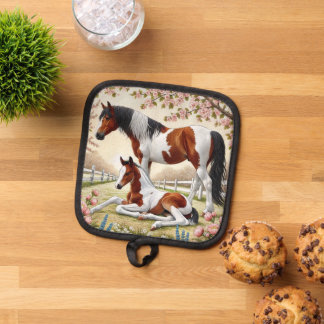 Beautiful Horse and Foal in a Blooming Orchard Pot Holder