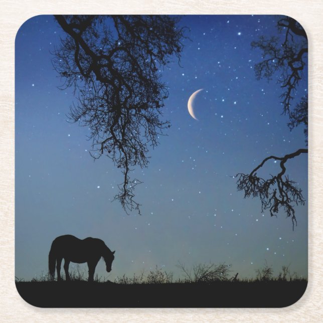 Beautiful Horse and Moon Square Paper Coaster (Front)