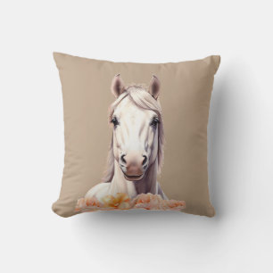 Beautiful Horse and Pink Flowers on Beige Cushion