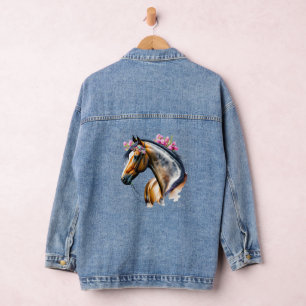 Beautiful Horse Black Mane Pink Flowers Denim Jacket
