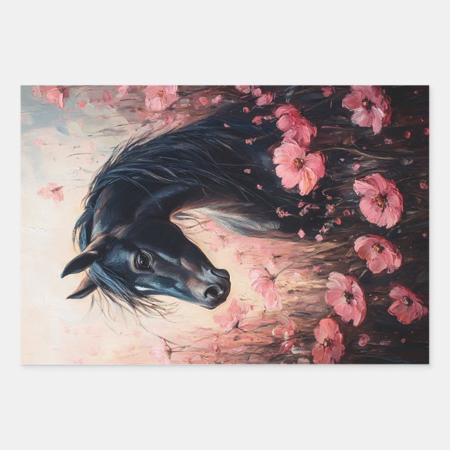 Beautiful Horse Blush Pink Wildflowers Decoupage Wrapping Paper Sheet (Front)