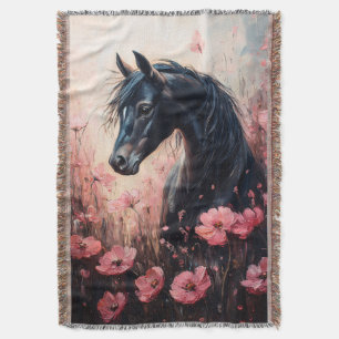 Beautiful Horse Blush Pink Wildflowers Throw Blanket