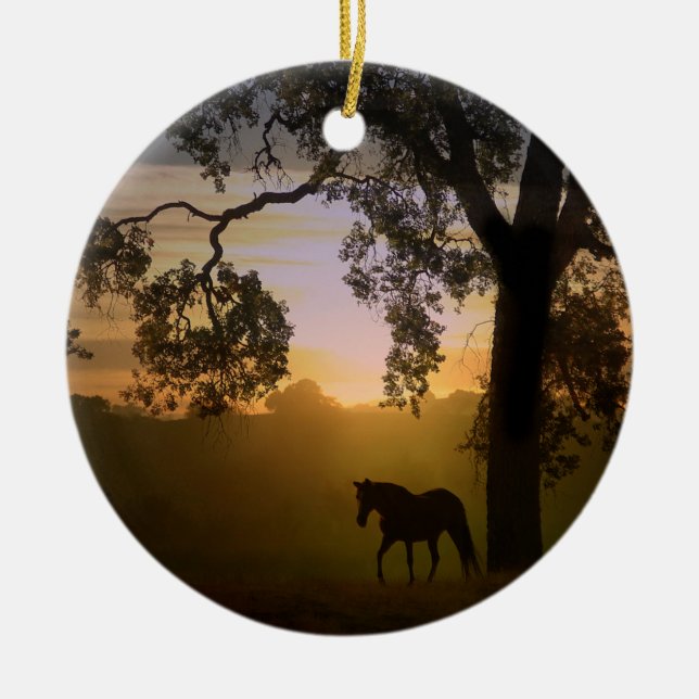 Beautiful horse in sunset light/Oak tree ornament (Front)