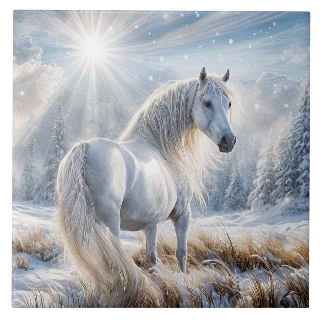 Beautiful Horse in the Snow Christmas Tile (Front)