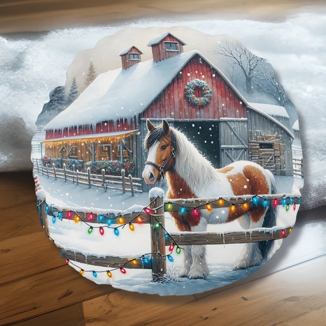 Beautiful Horse on a Christmas Farm Personalised Round Cushion (Creator Uploaded)
