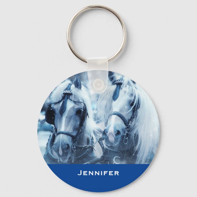 Beautiful Horse Team Winter Driving Photo Key Ring (Front)