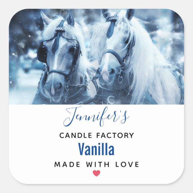 Beautiful Horse Team Winter Photo Candle Business Square Sticker (Front)