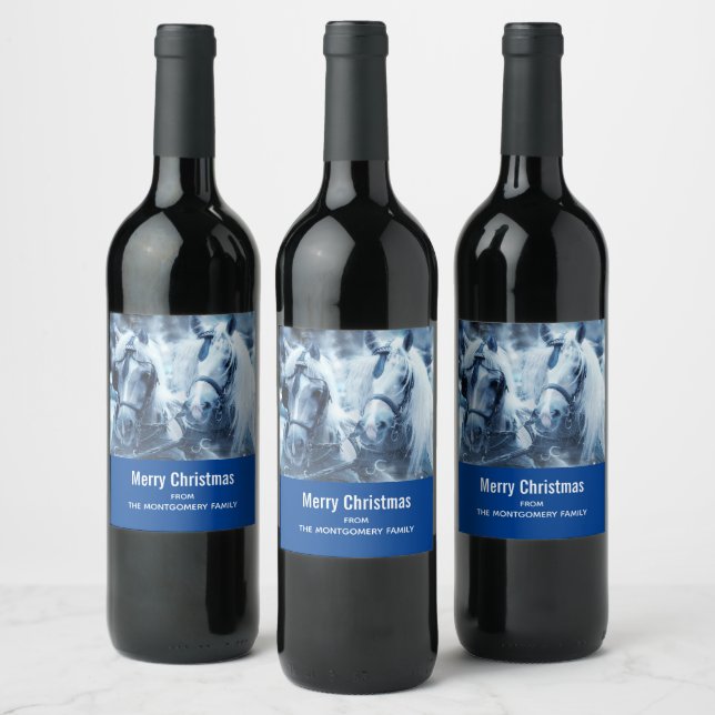 Beautiful Horse Team Winter Photo Christmas Wine Label (Bottles)
