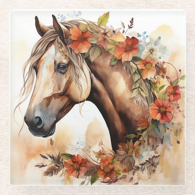 Beautiful Horse with Pretty Flowers Watercolor Glass Coaster (Front)