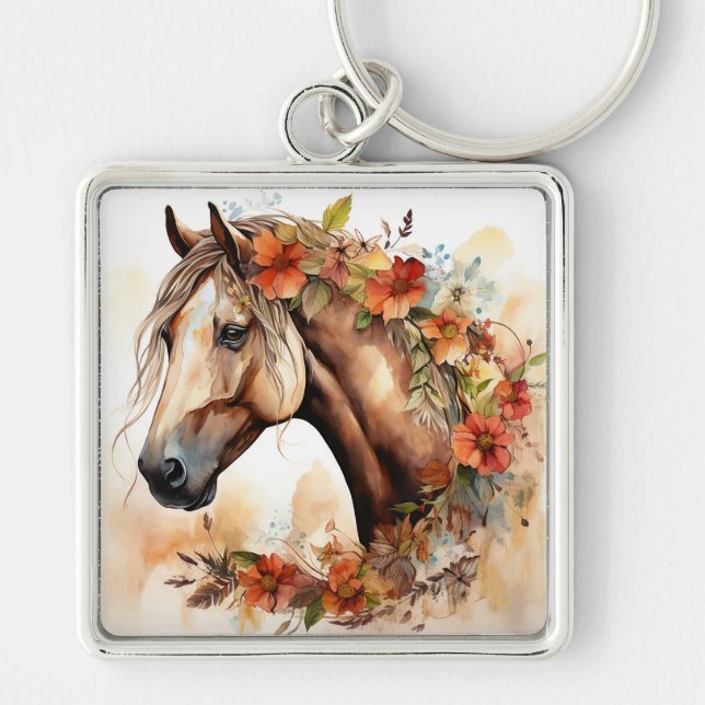 Beautiful Horse with Pretty Flowers Watercolor Key Ring (Front)