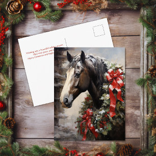 Beautiful Horse with Winter Wreath Christmas Holiday Postcard