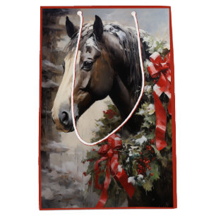 Beautiful Horse with Winter Wreath Christmas Medium Gift Bag