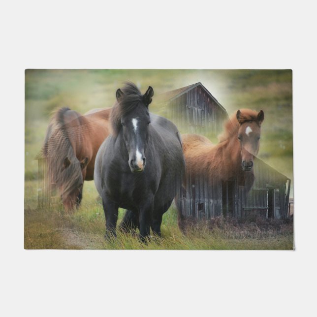 Beautiful Horses and Rustic Barn Doormat (Front)