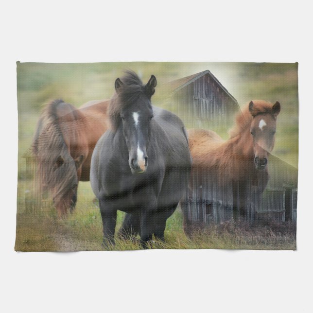 Beautiful Horses and Rustic Barn Tea Towel (Horizontal)