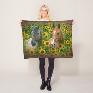 Beautiful Horses in Field of Sunflowers Fleece Blanket