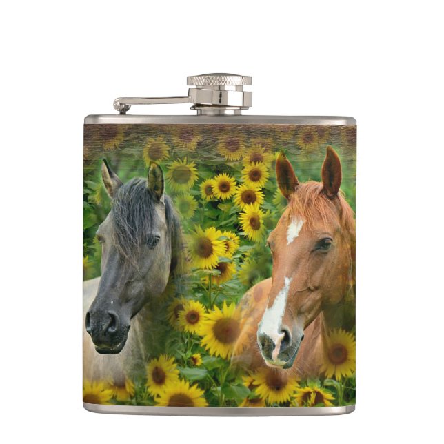 Beautiful Horses in Field of Sunflowers Hip Flask (Front)