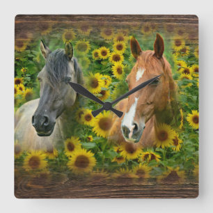 Beautiful Horses in Field of Sunflowers Square Wall Clock