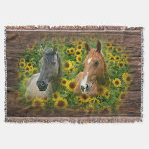 Beautiful Horses in Field of Sunflowers Throw Blanket