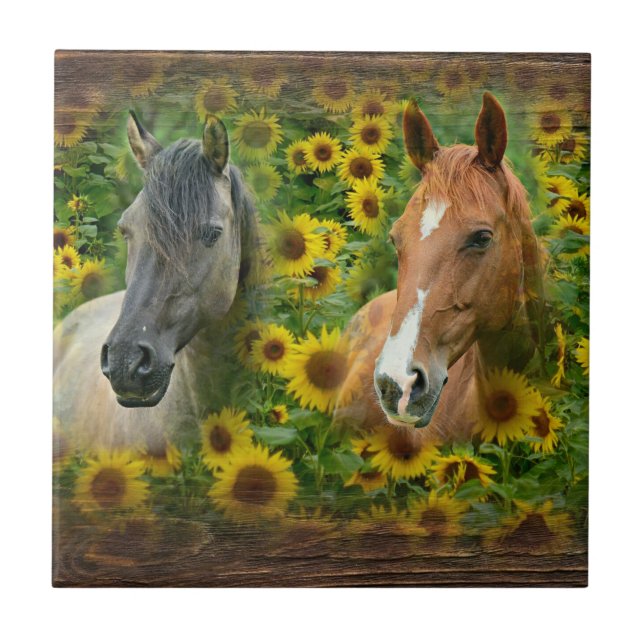 Beautiful Horses in Field of Sunflowers Tile (Front)