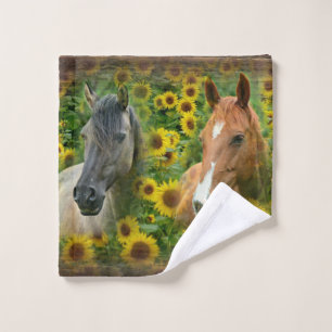 Beautiful Horses in Field of Sunflowers Wash Cloth
