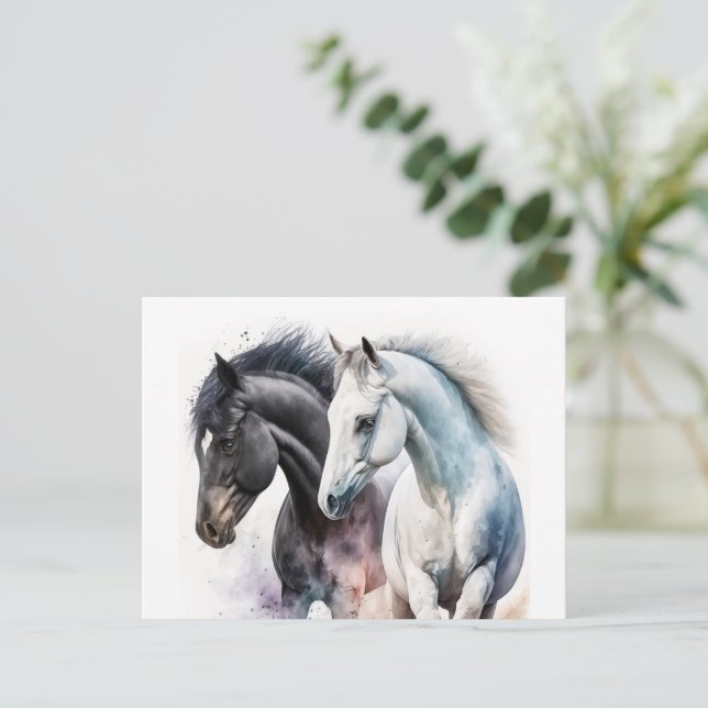 Beautiful Horses in Watercolor Postcard (Standing Front)