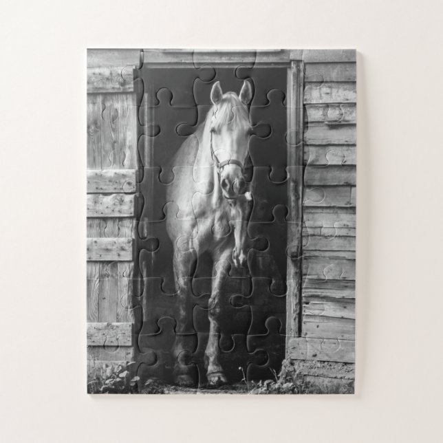 Beautiful Horses Rustic Barn B&W Oversized Jigsaw Puzzle (Vertical)