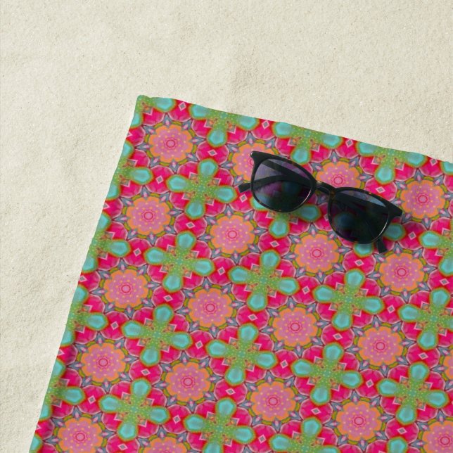 Beautiful Hot Pink and Green Floral Beach Towel (In Situ)