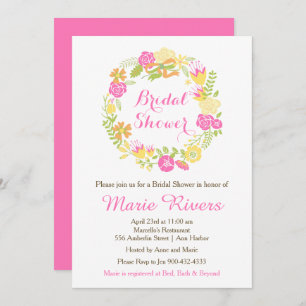 Beautiful Hot Pink Floral Wreath Bridal Shower Invitation