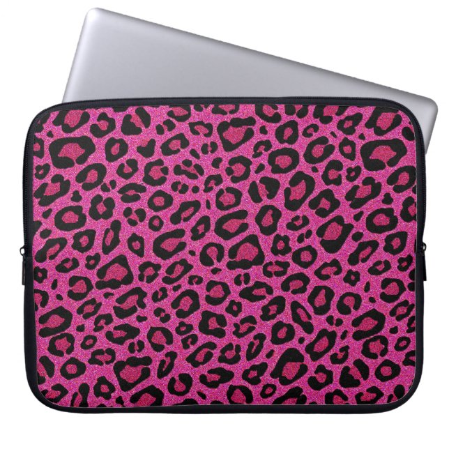 Beautiful hot pink leopard skin glitter shine laptop sleeve (Front)