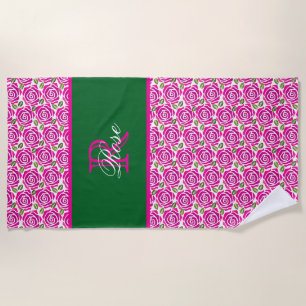 Beautiful Hot Pink Magenta Roses Name Monogram Beach Towel