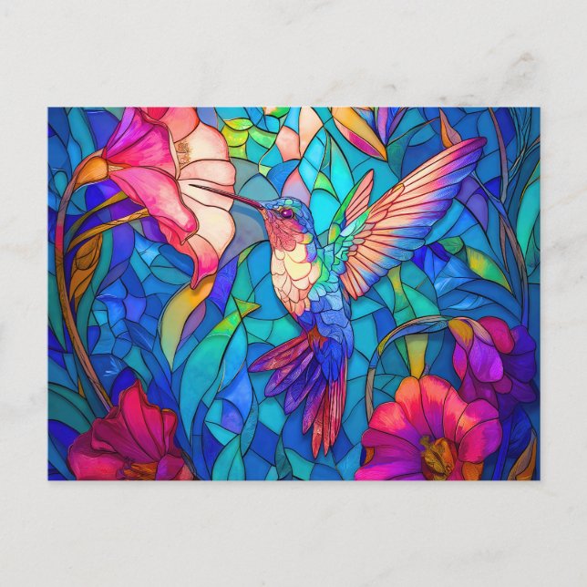 Beautiful Hummingbird Flower Garden Stained Glass  Postcard (Front)