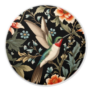 Beautiful Hummingbird on Dark Floral Background Ceramic Knob