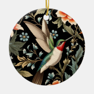Beautiful Hummingbird on Dark Floral Background Ceramic Tree Decoration