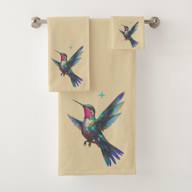 Beautiful Hummingbird on Light Beige Bath Towel Set (Insitu)