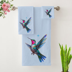 Beautiful Hummingbird on Light Blue Bath Towel Set