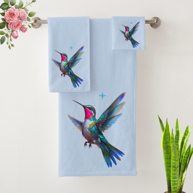 Beautiful Hummingbird on Light Blue Bath Towel Set (Creator Uploaded)
