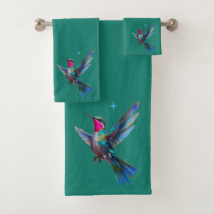 Beautiful Hummingbird on Teal Blue Bath Towel Set