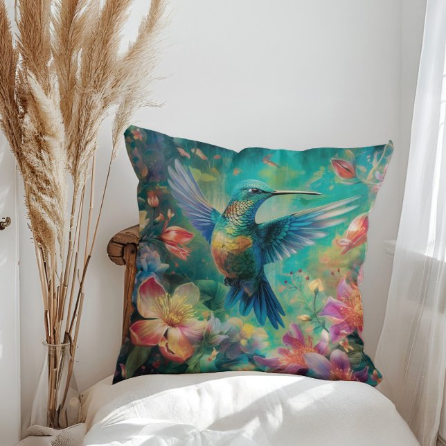 Beautiful Hummingbird Surrounded by Flowers Cushion (Creator Uploaded)