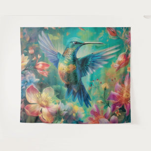 Beautiful Hummingbird Surrounded by Flowers Tapestry
