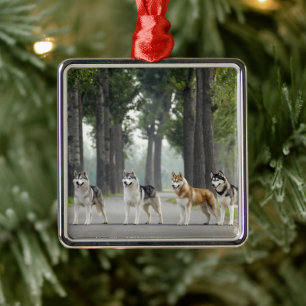 Beautiful Husky Dogs on a Nature Trail Metal Tree Decoration