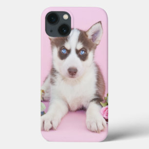 Beautiful Husky Puppy with Pink Roses iPhone 13 Case