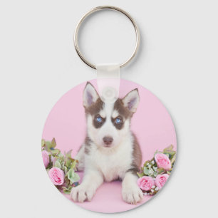 Beautiful Husky Puppy with Pink Roses Key Ring