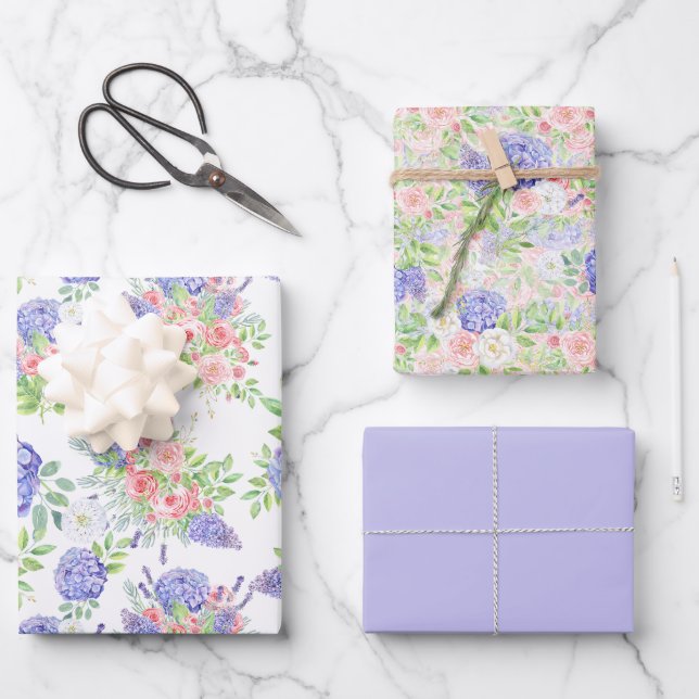 Beautiful Hydangeas, Lilacs and Roses Wrapping Paper Sheet (Front)