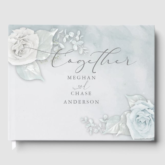Beautiful Ice Blue and White Rose Guest Book (Front)